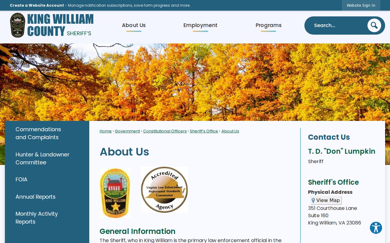 King William County warrant confirmation begins with the Sheriff's Office contact route