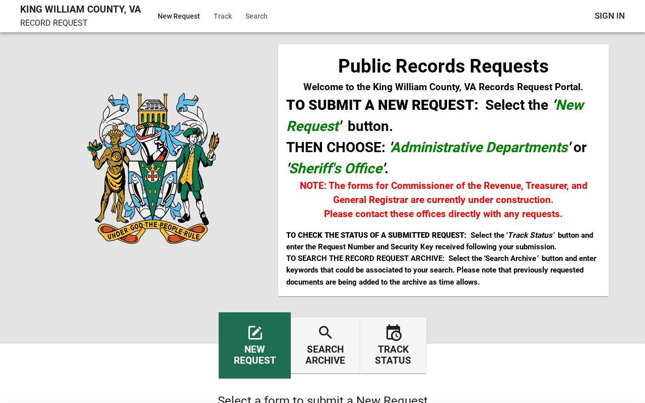 King William County public information page for official record routes