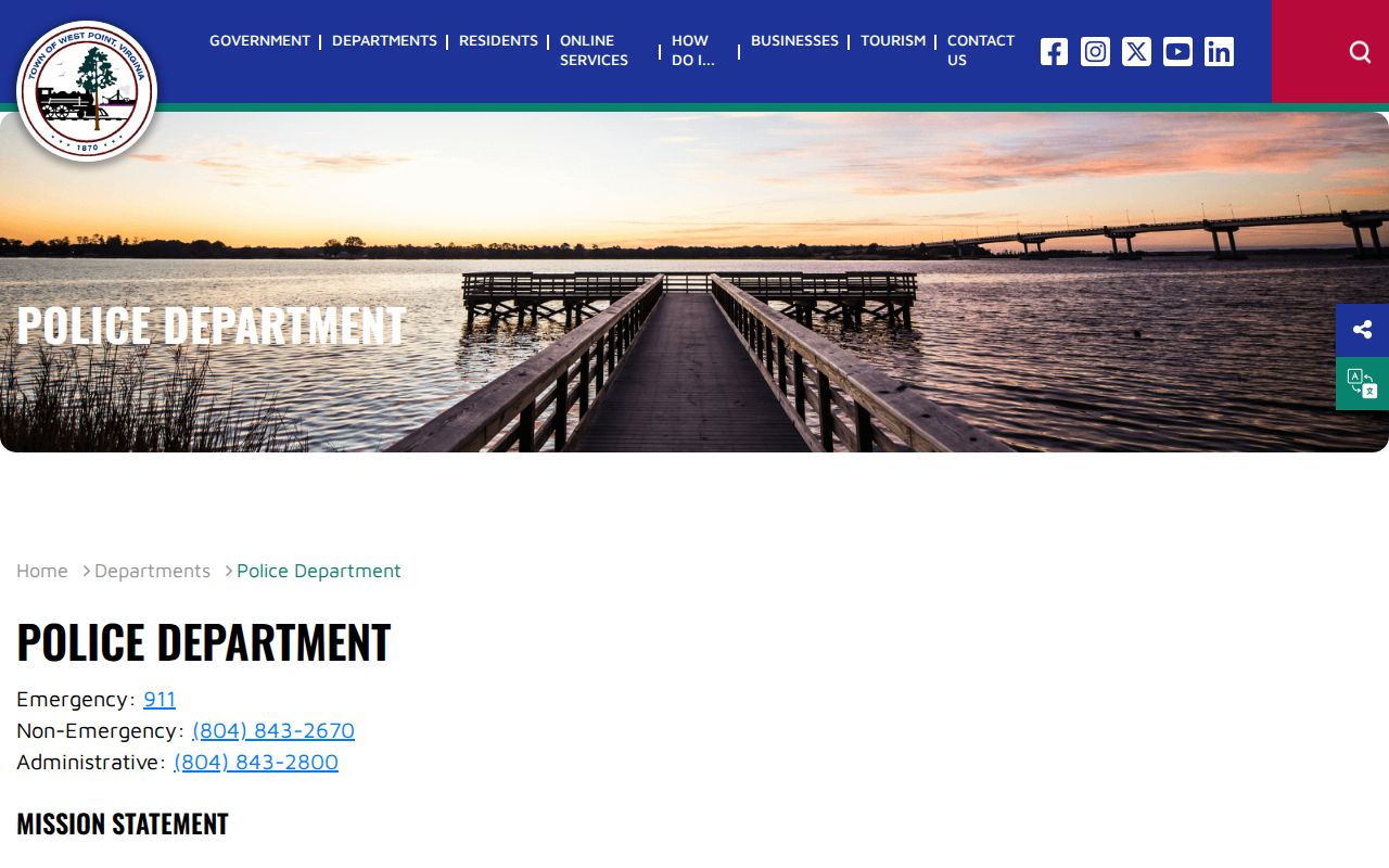 Official West Point town website and police department contact information