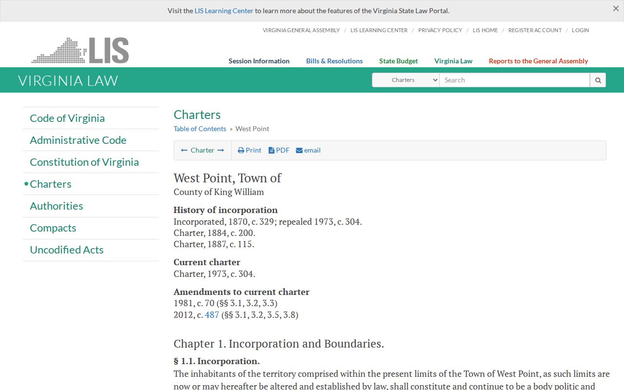 West Point town government website and charter information