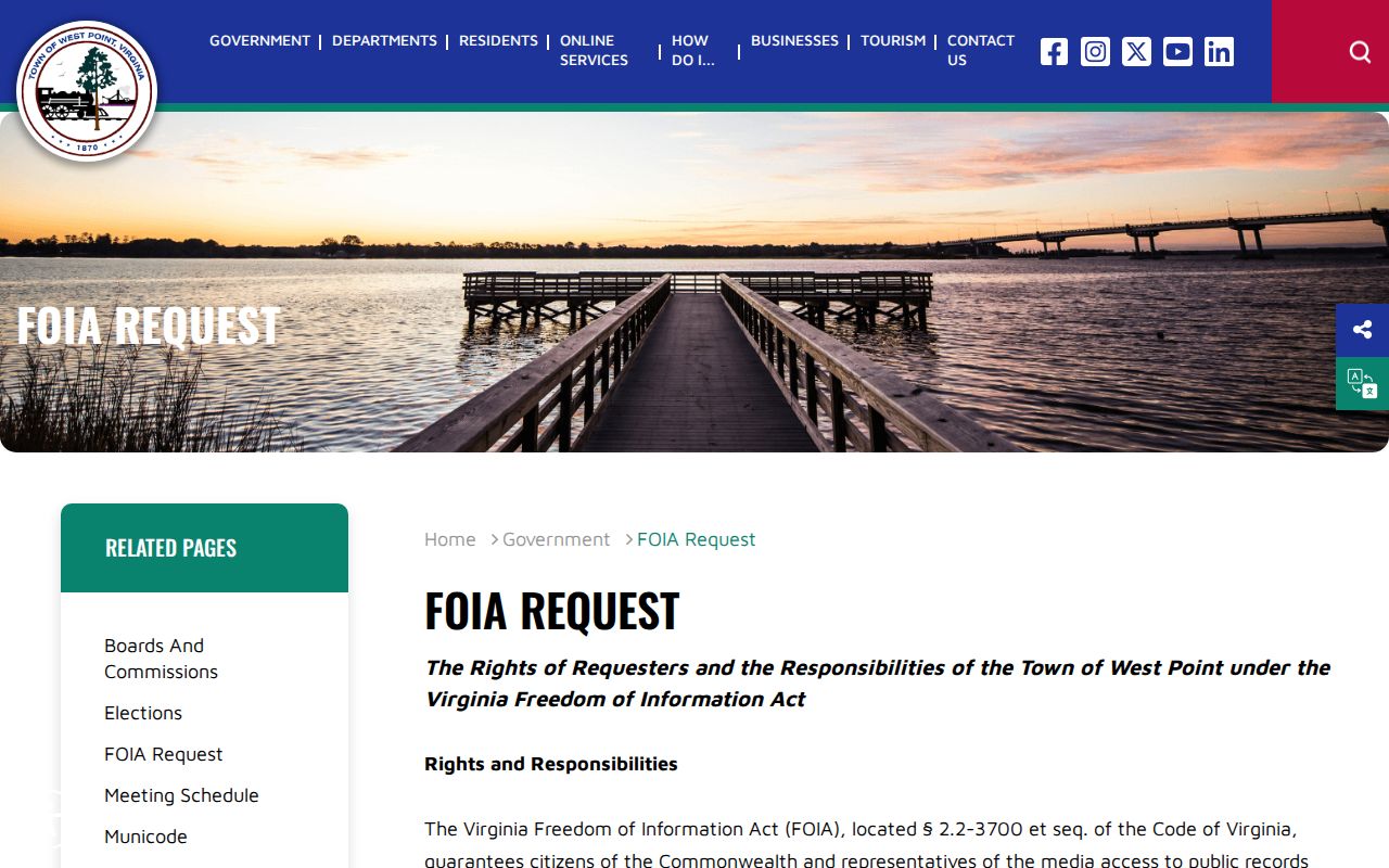 West Point town FOIA instructions for records held by town offices
