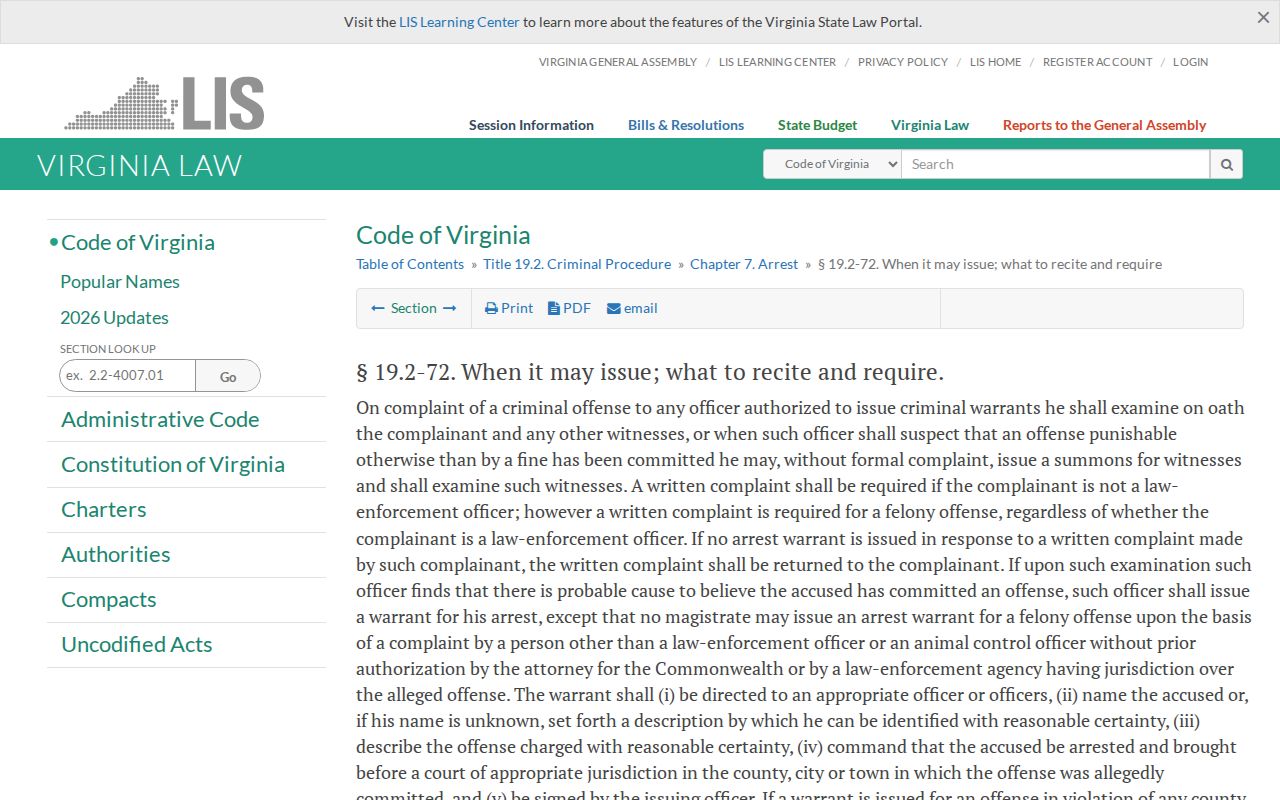 Virginia law page describing arrest warrant issuance procedure