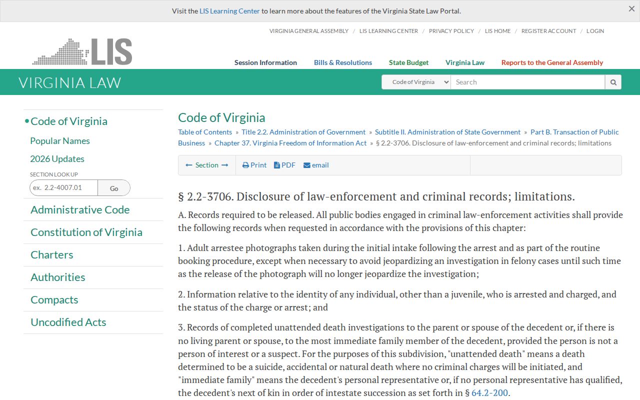 Virginia FOIA law information for public records held by law enforcement