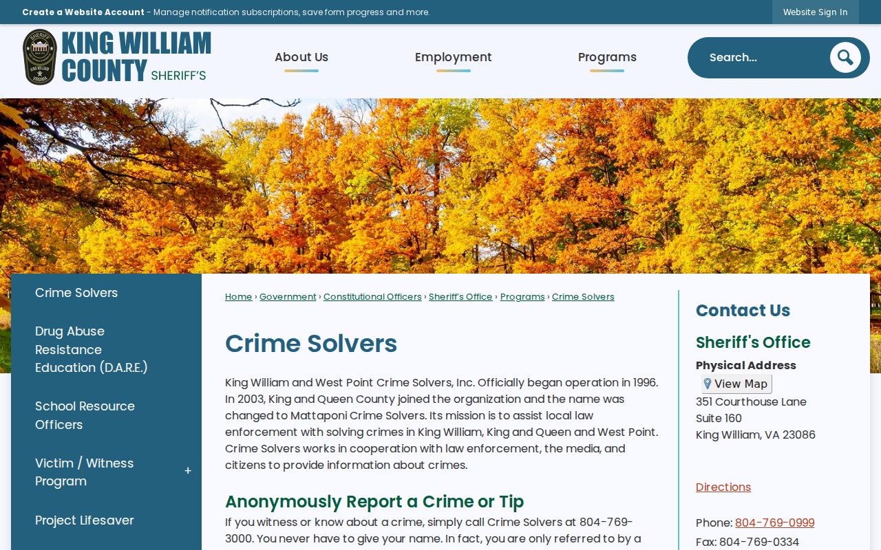Official King William and West Point Crime Solvers tip program