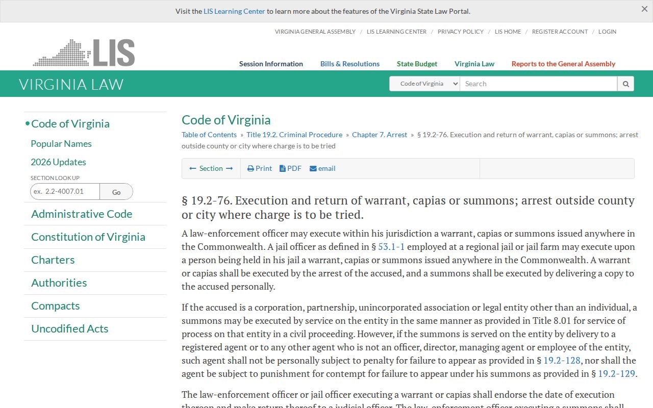 Virginia law page describing execution and return of warrants