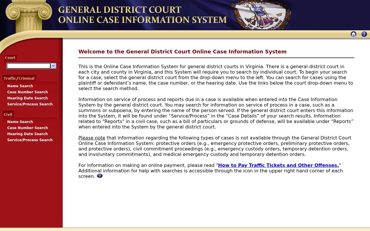King William County warrant case lookup uses the Virginia General District Court selector