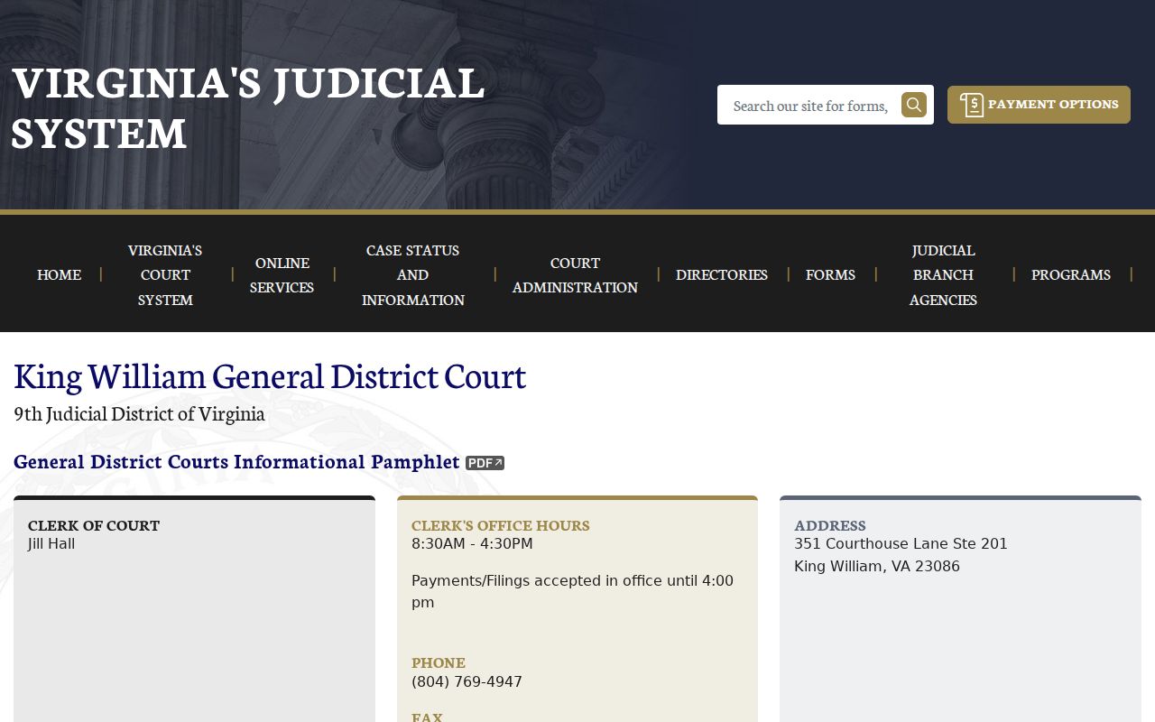 King William County court offices responsible for warrant cases