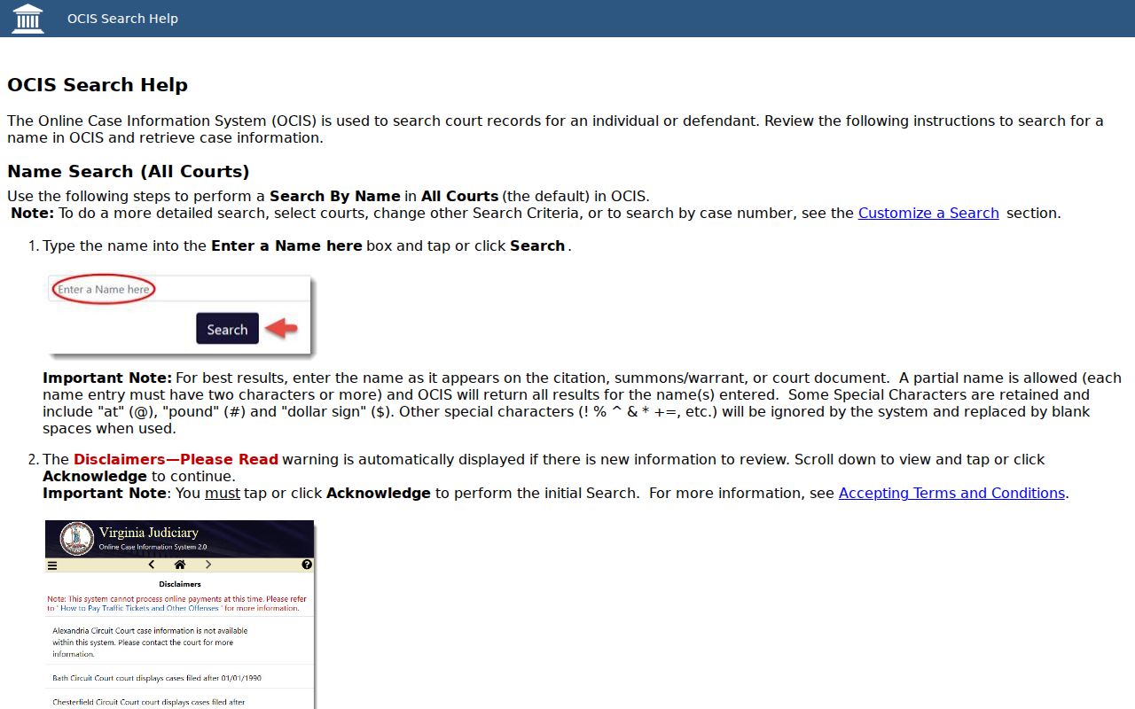 Official Virginia Judiciary name-search entry point for King William County court cases